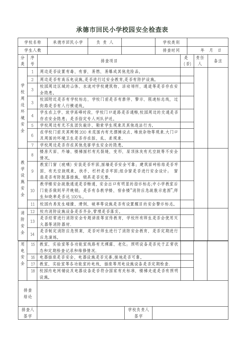 小学校园安全检查表