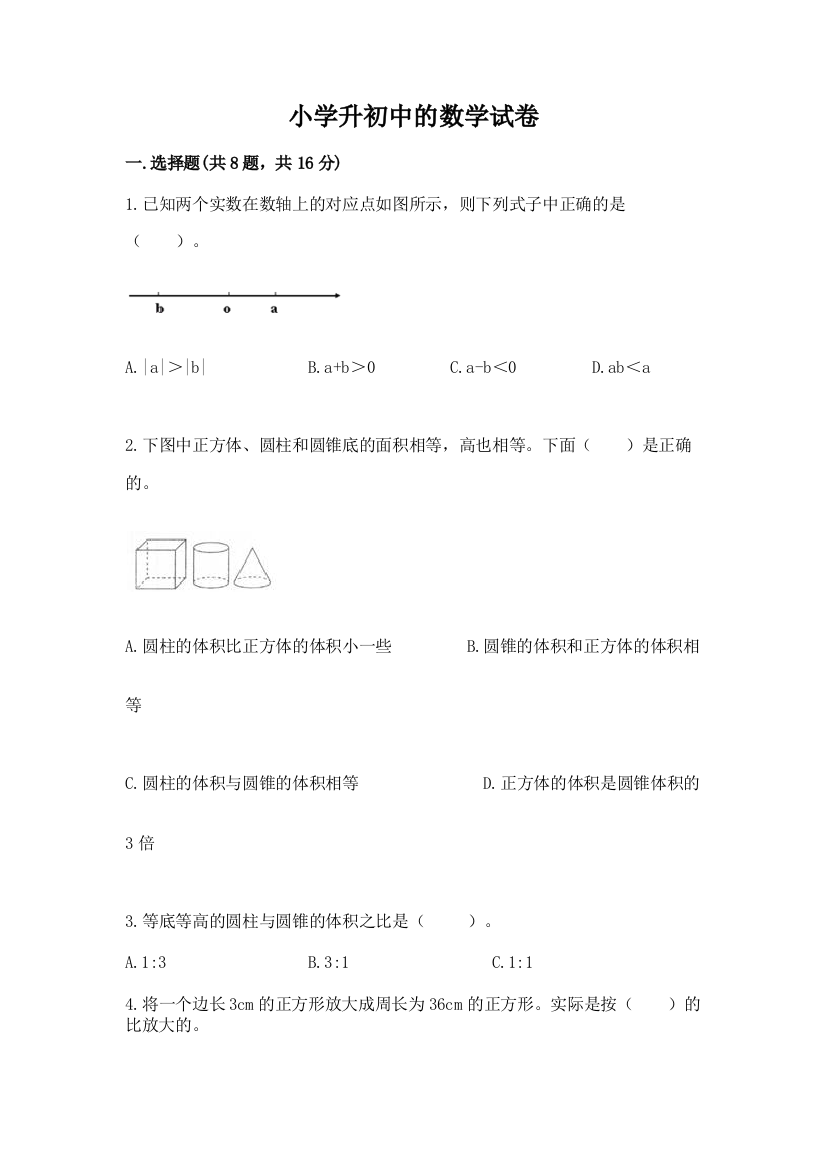 小学升初中的数学试卷精品【全优】