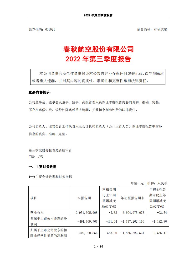 上交所-春秋航空2022年第三季度报告-20221028