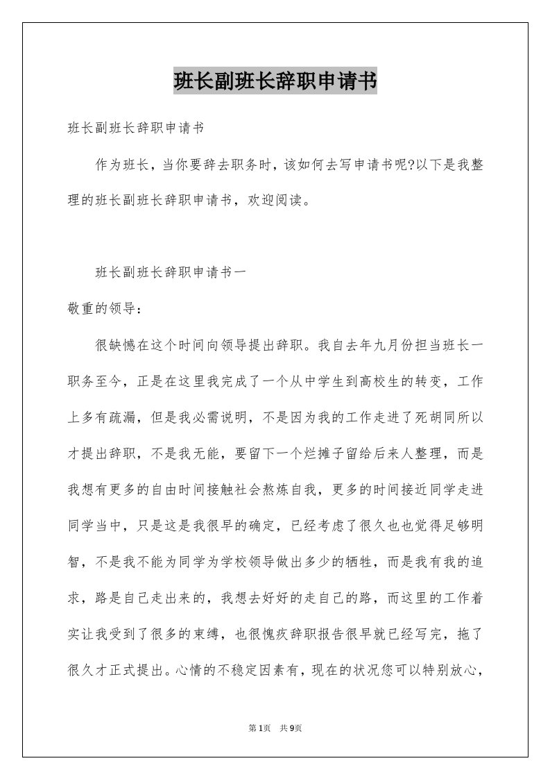 班长副班长辞职申请书