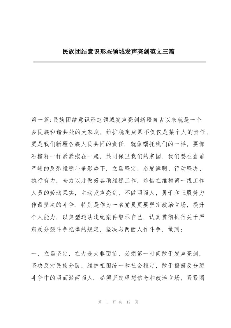 民族团结意识形态领域发声亮剑范文三篇