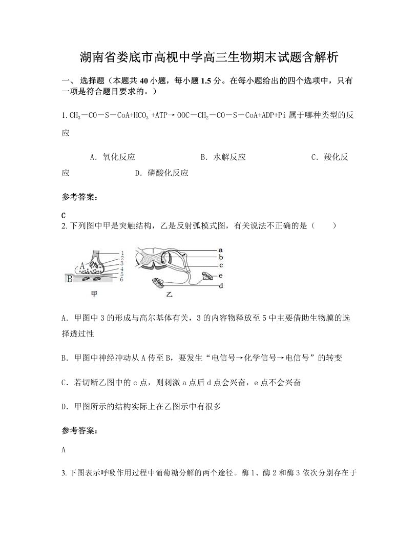 湖南省娄底市高枧中学高三生物期末试题含解析