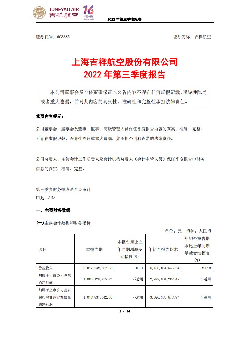 上交所-上海吉祥航空股份有限公司2022年第三季度报告-20221028