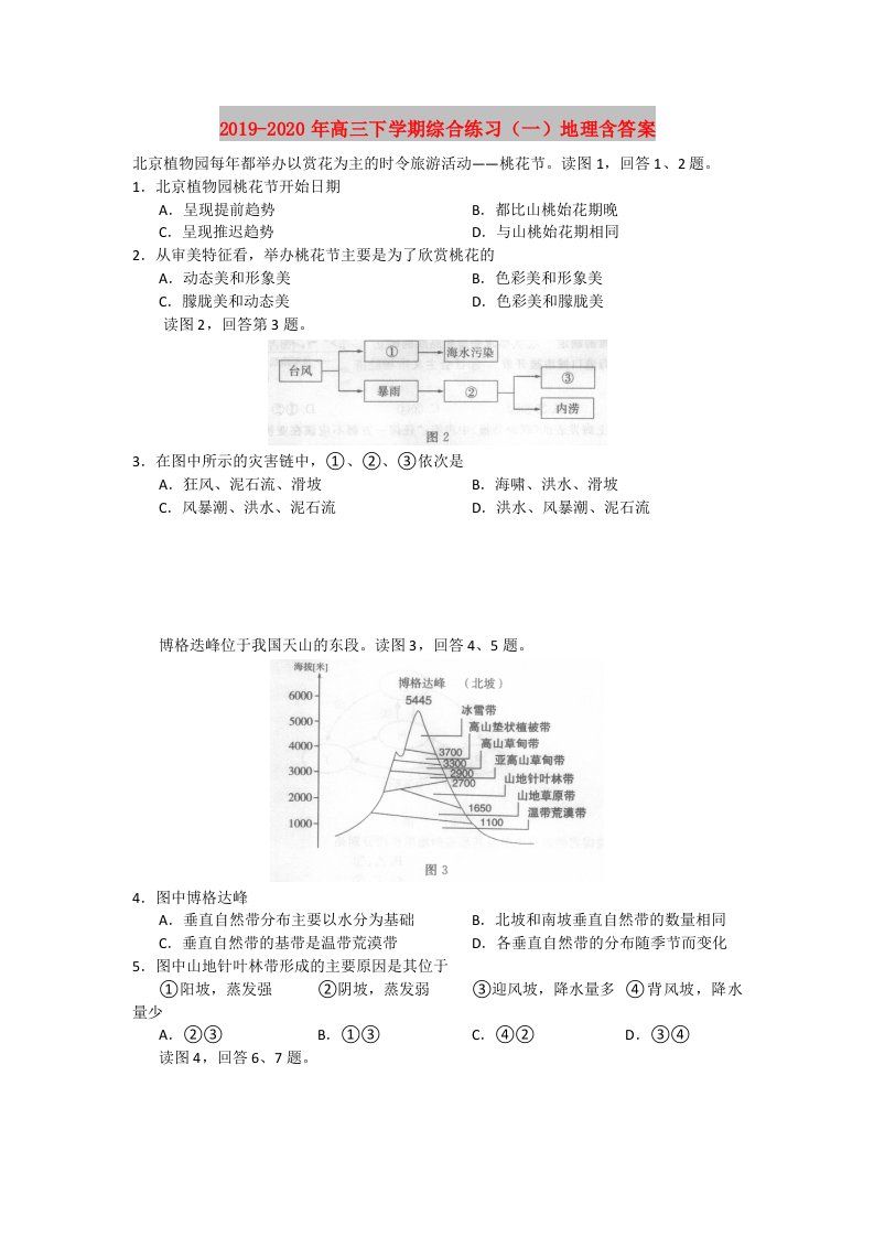 2019-2020年高三下学期综合练习（一）地理含答案