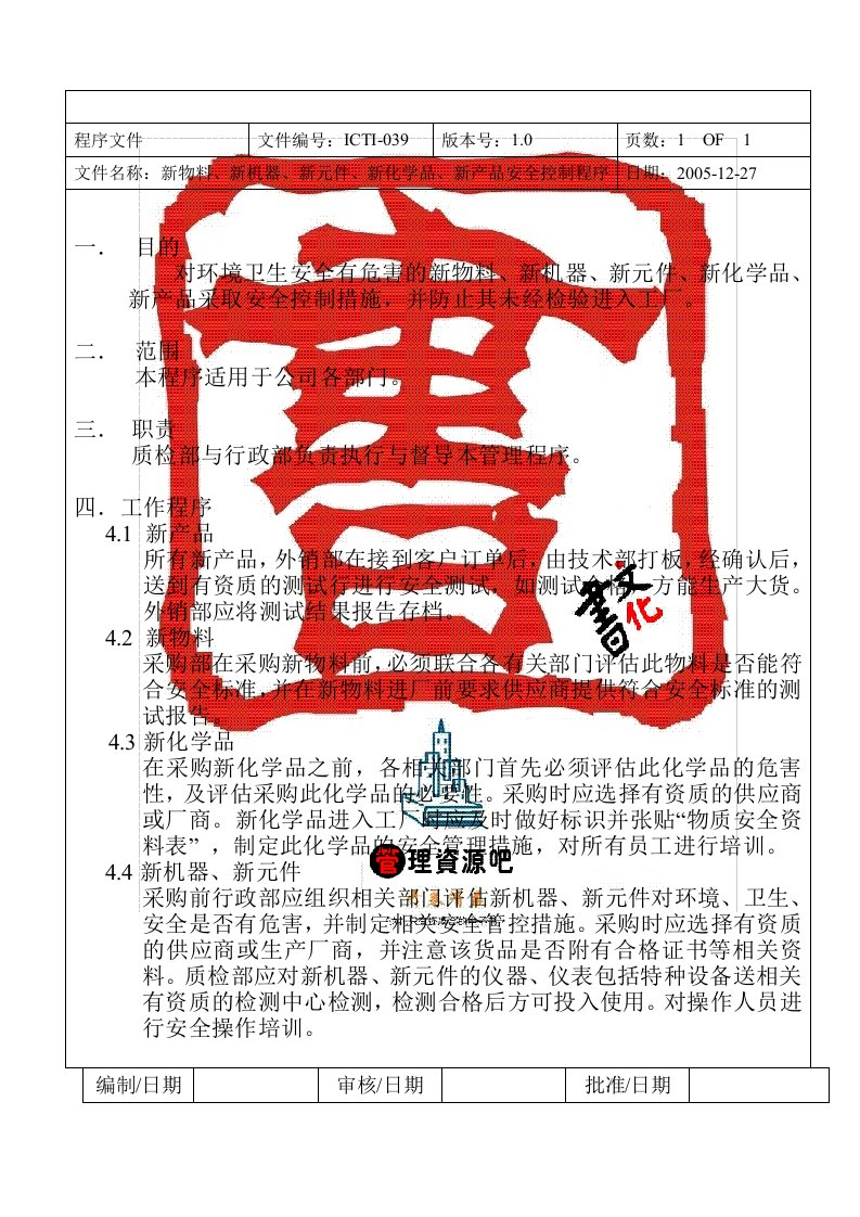 新物料新机器新元件新化学品新产品安全控制程序(1)