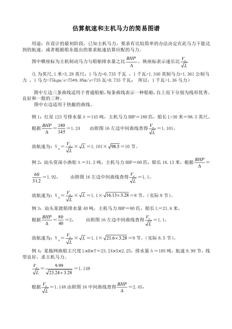 估算航速和主机马力的简易图谱