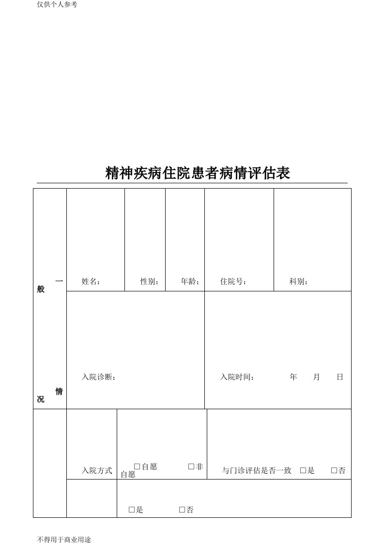 精神疾病住院患者病情评估表