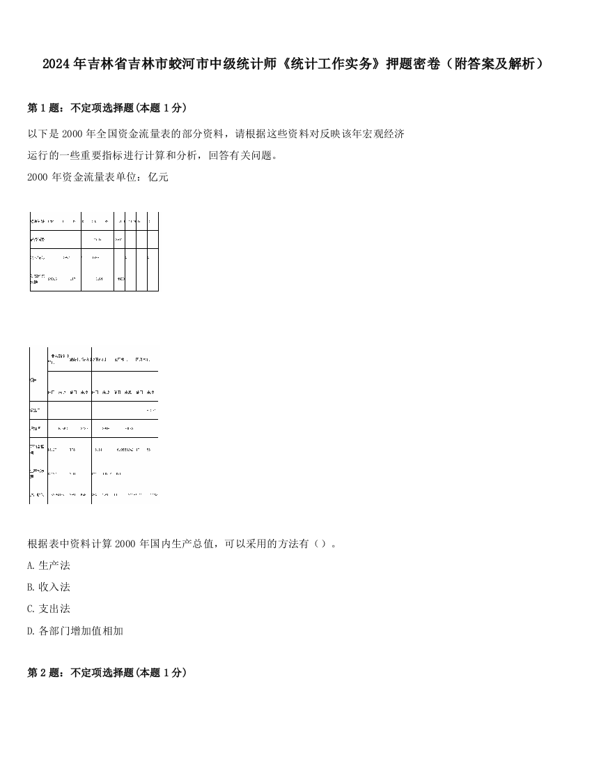 2024年吉林省吉林市蛟河市中级统计师《统计工作实务》押题密卷（附答案及解析）