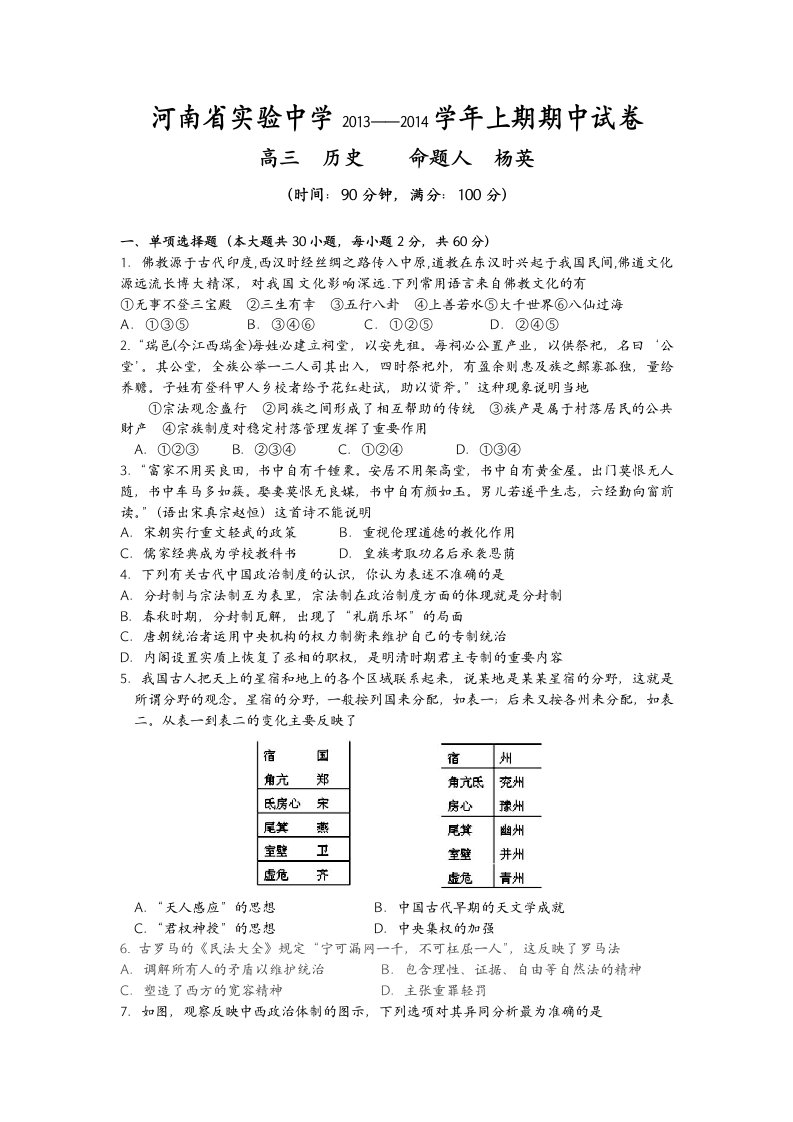 河南省实验中学2014届高三上学期期中考试试卷历史Word版含答案