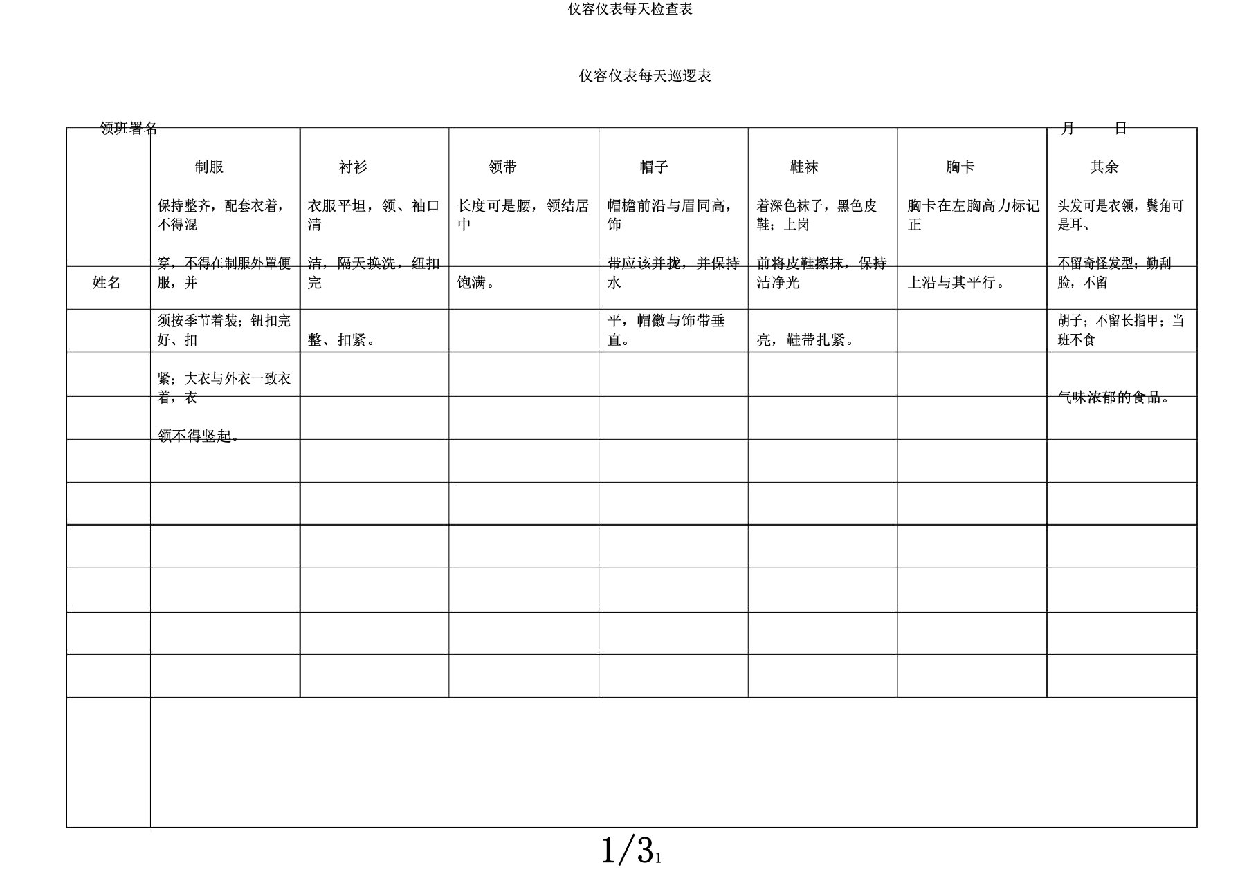 仪容仪表每日检查表