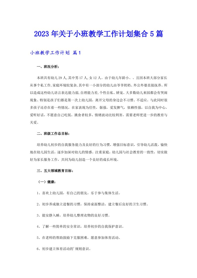 关于小班教学工作计划集合5篇