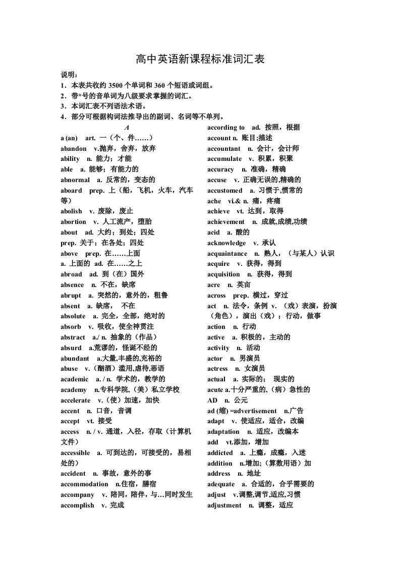 高中英语新课程标准词汇表(3000单词440高频难词)