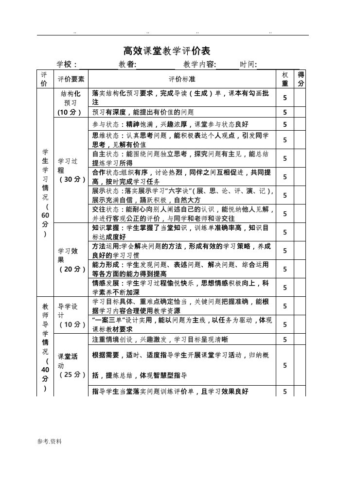 高效课堂教学评价表