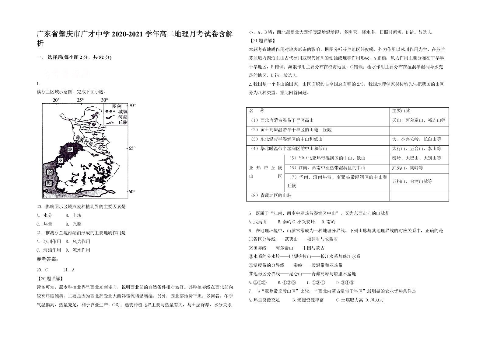 广东省肇庆市广才中学2020-2021学年高二地理月考试卷含解析