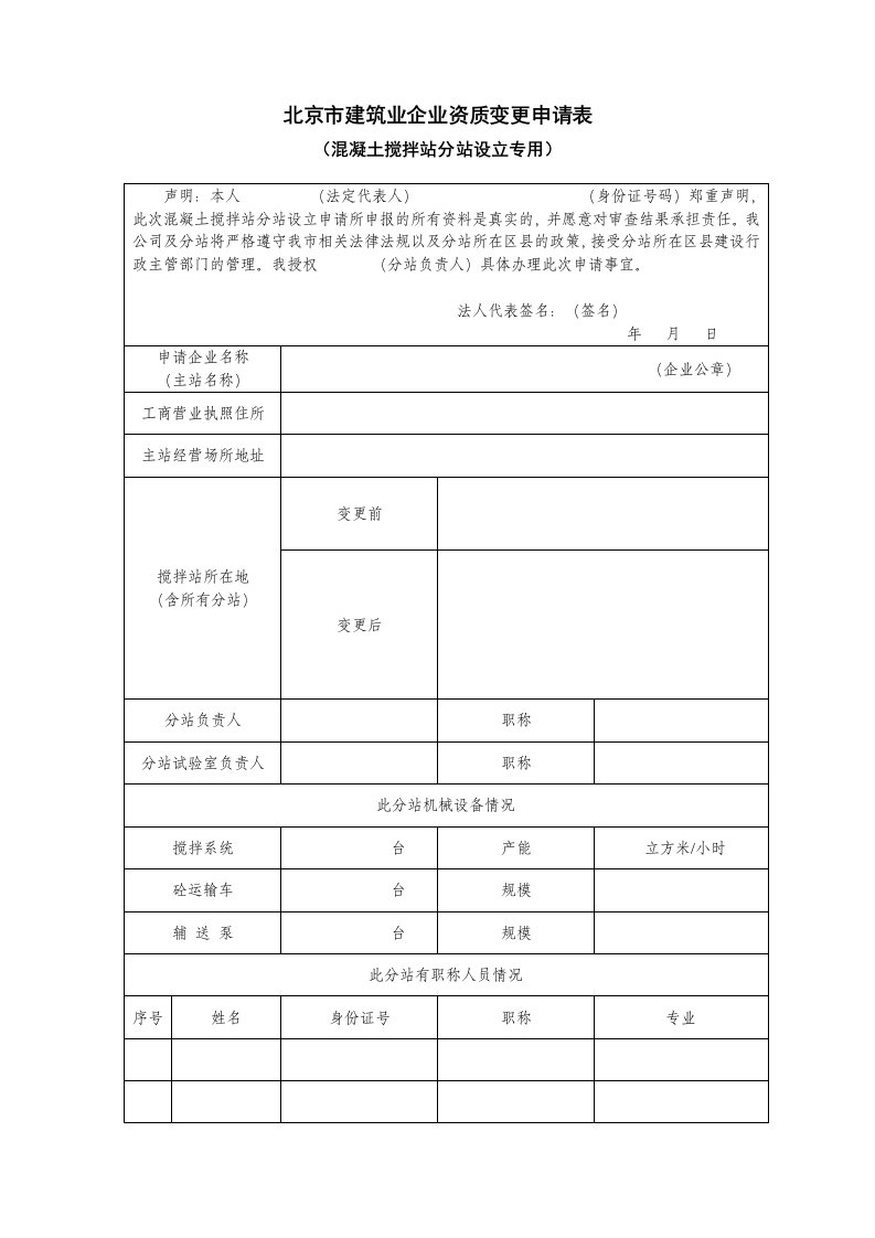 北京市建筑业企业资质变更申请表