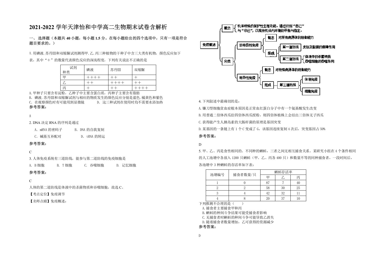 2021-2022学年天津怡和中学高二生物期末试卷含解析