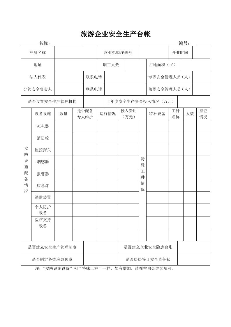 旅游企业安全生产台帐