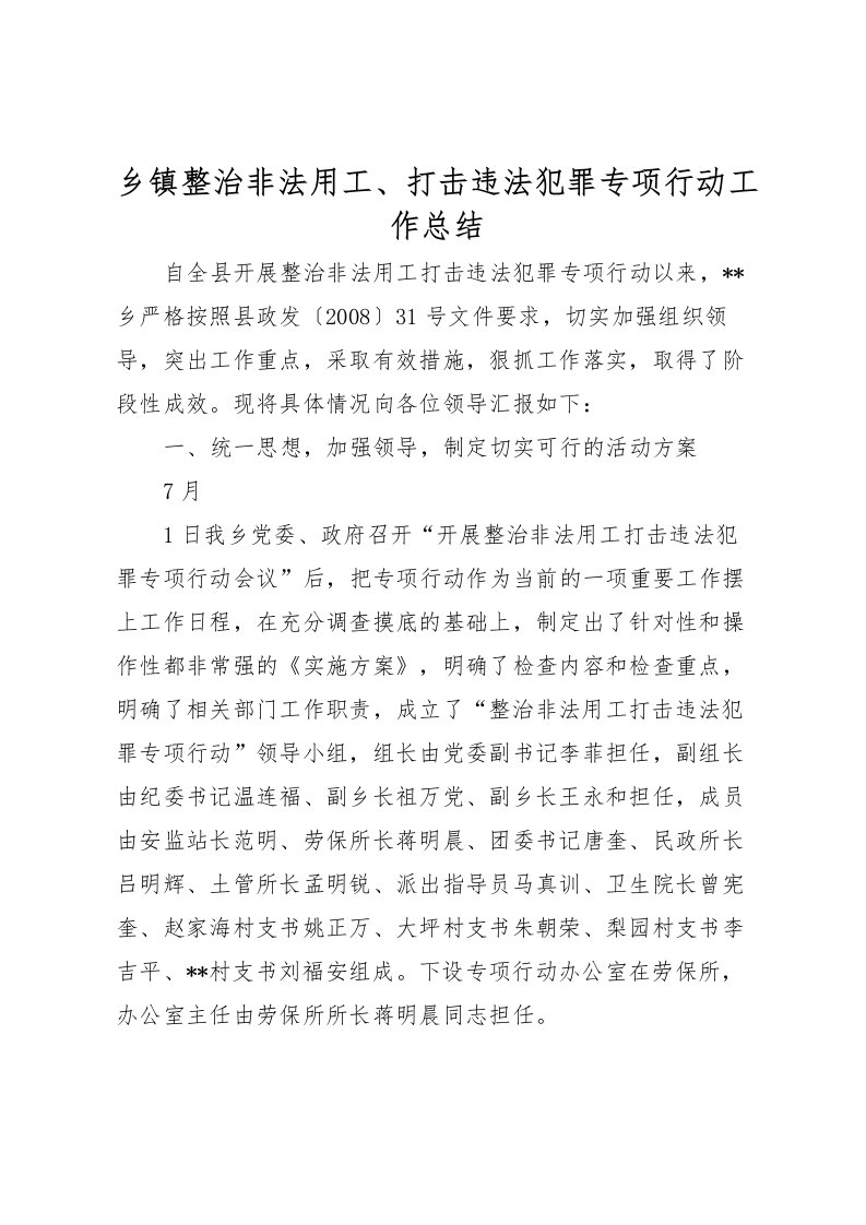 2022乡镇整治非法用工打击违法犯罪专项行动工作总结