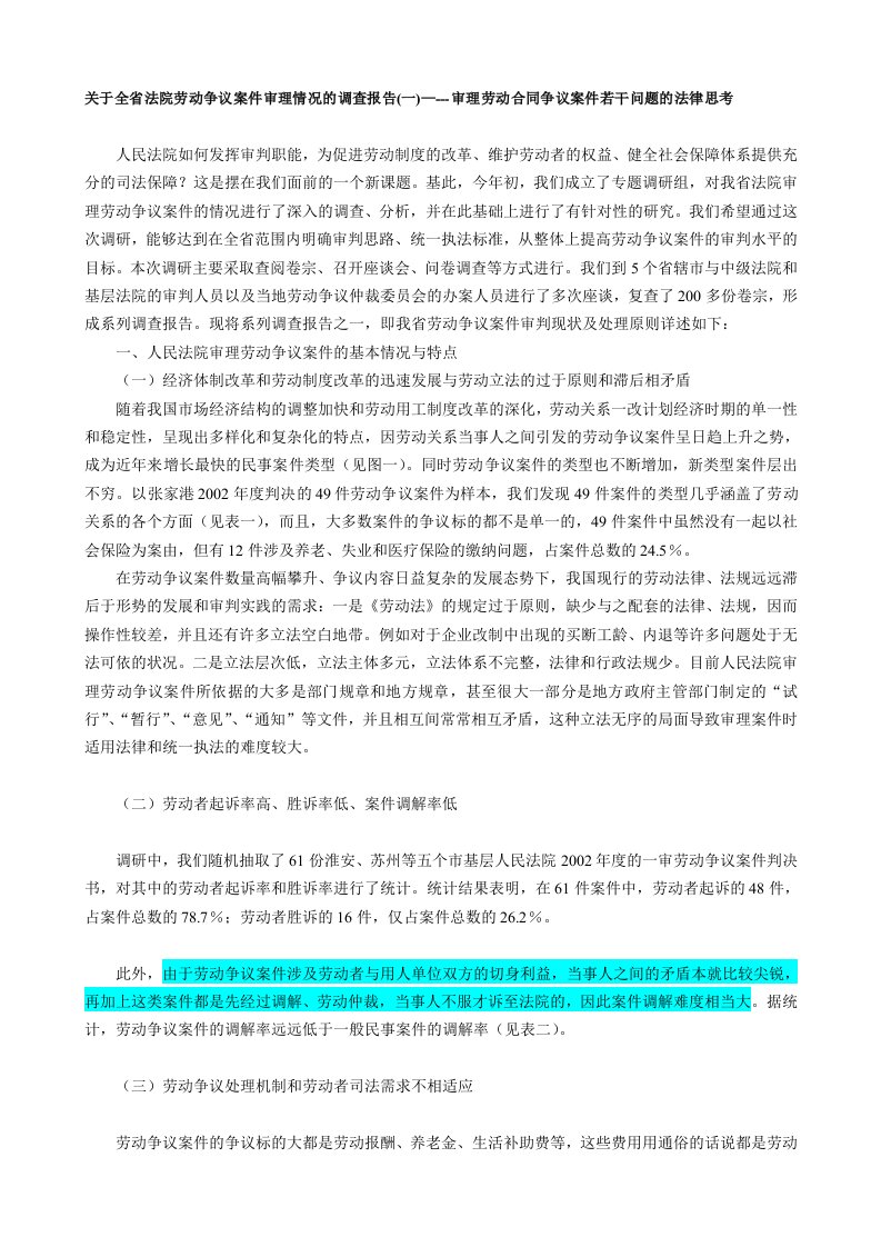 关于全省法院劳动争议案件审理情况的调查报告