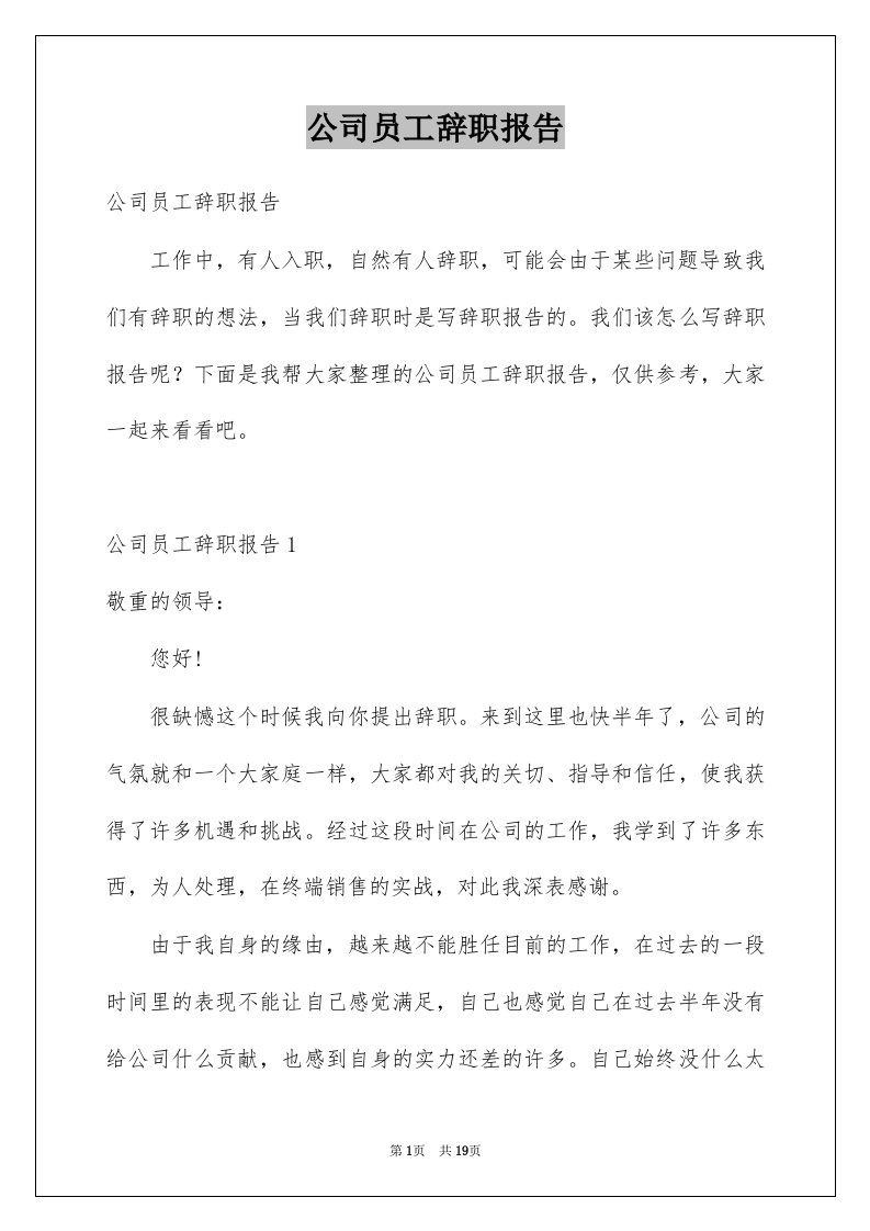 公司员工辞职报告优质7