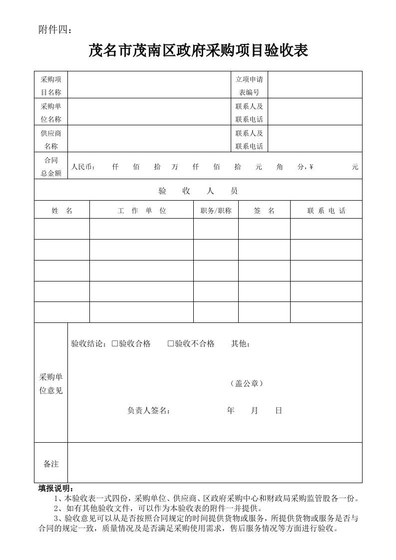 政府采购项目验收表