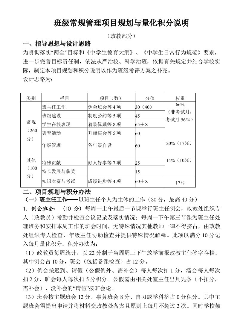 班级常规管理项目规划与量化积分说明