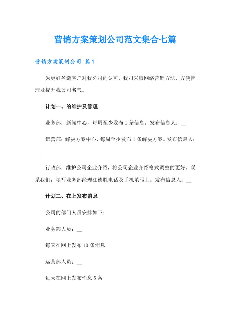 营销方案策划公司范文集合七篇