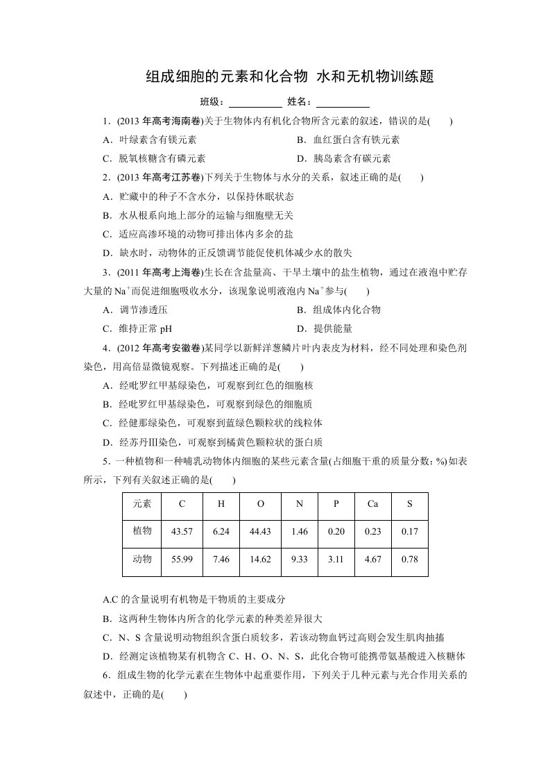 组成细胞的元素和化合物水和无机物训练题