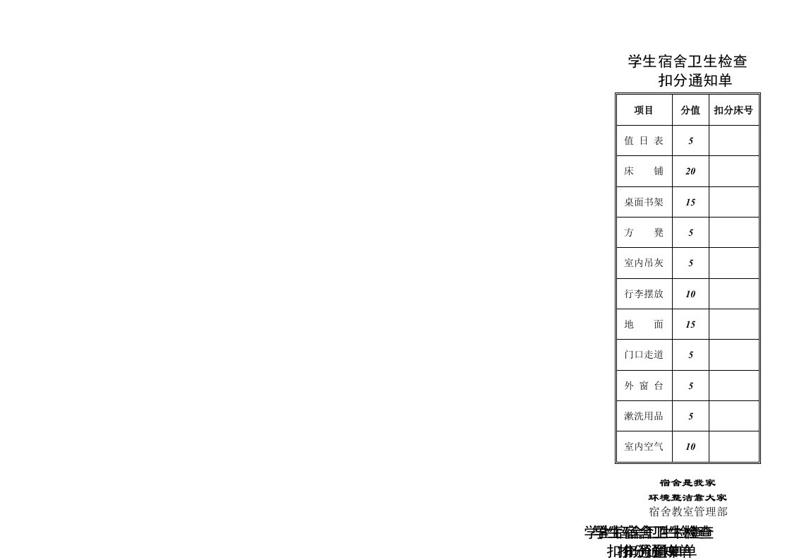 学生宿舍检查扣分通知单