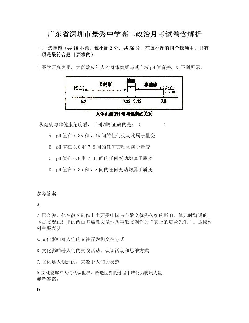 广东省深圳市景秀中学高二政治月考试卷含解析