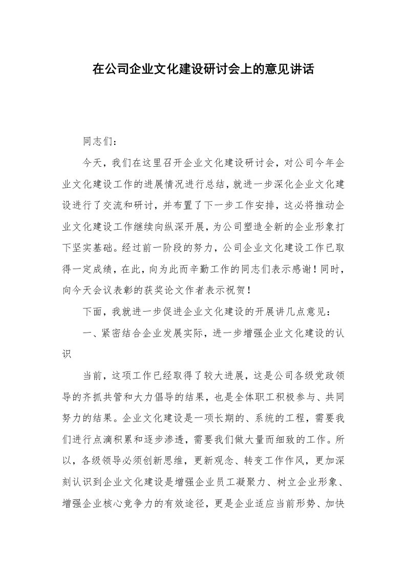 在公司企业文化建设研讨会上的意见讲话