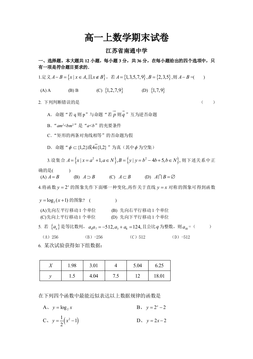 【小学中学教育精选】江苏省南通中学高一上数学期末试卷及答案