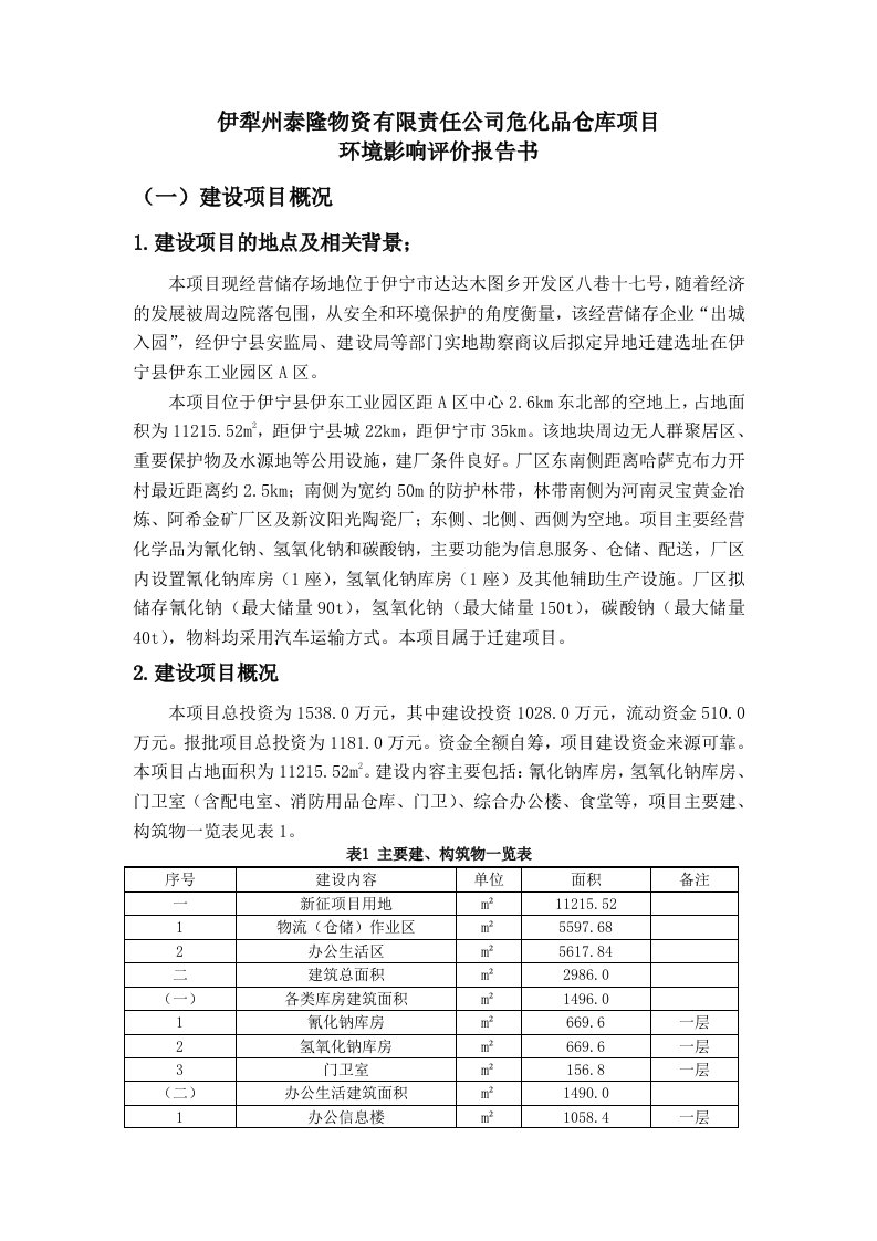 伊犁州泰隆有限责任公司危化品仓库项目环境影响评价报告书