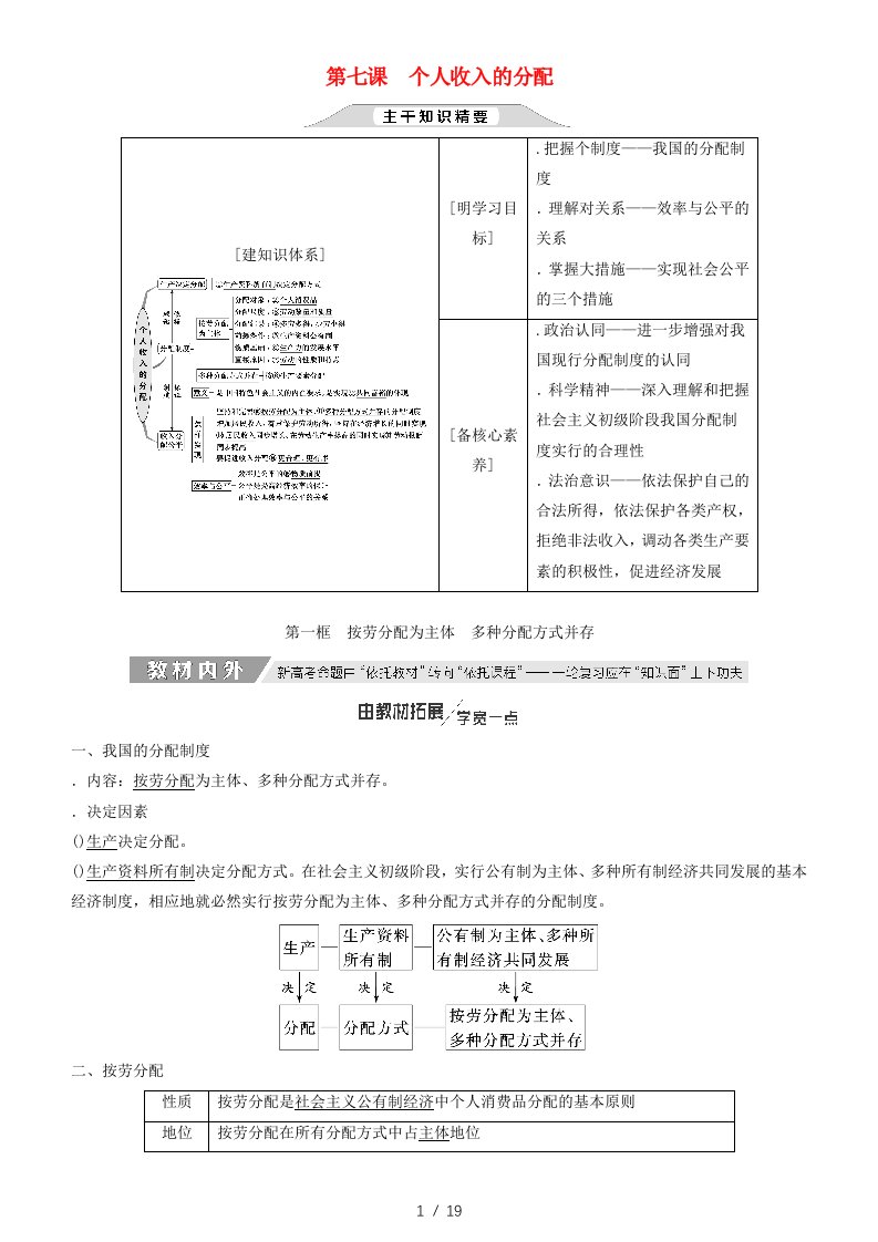 2020高考政治一轮总复习经济生活第七课个人收入的分配教案人教新课标