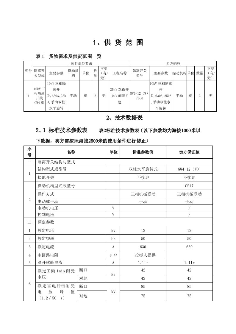 三相隔离开关技术协议