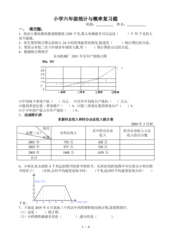 小学六年级统计与概率复习题