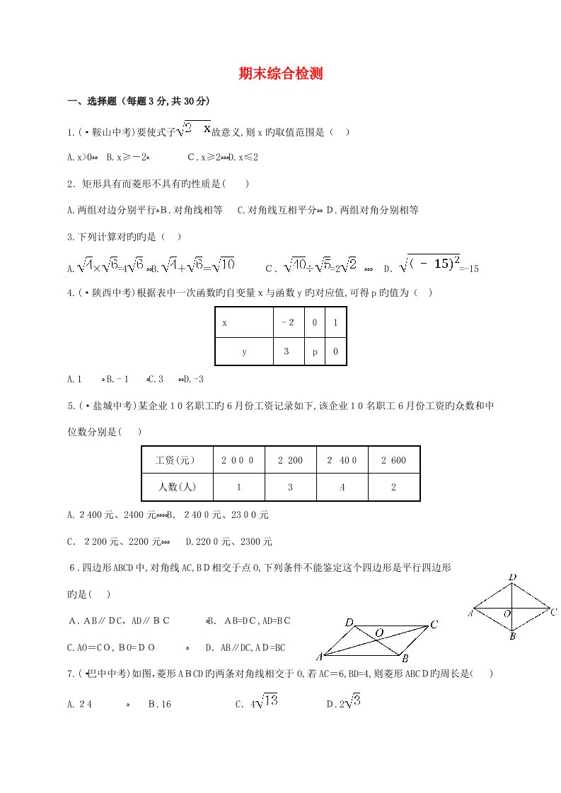 最新人教版八年级数学下册期末考试卷及答案