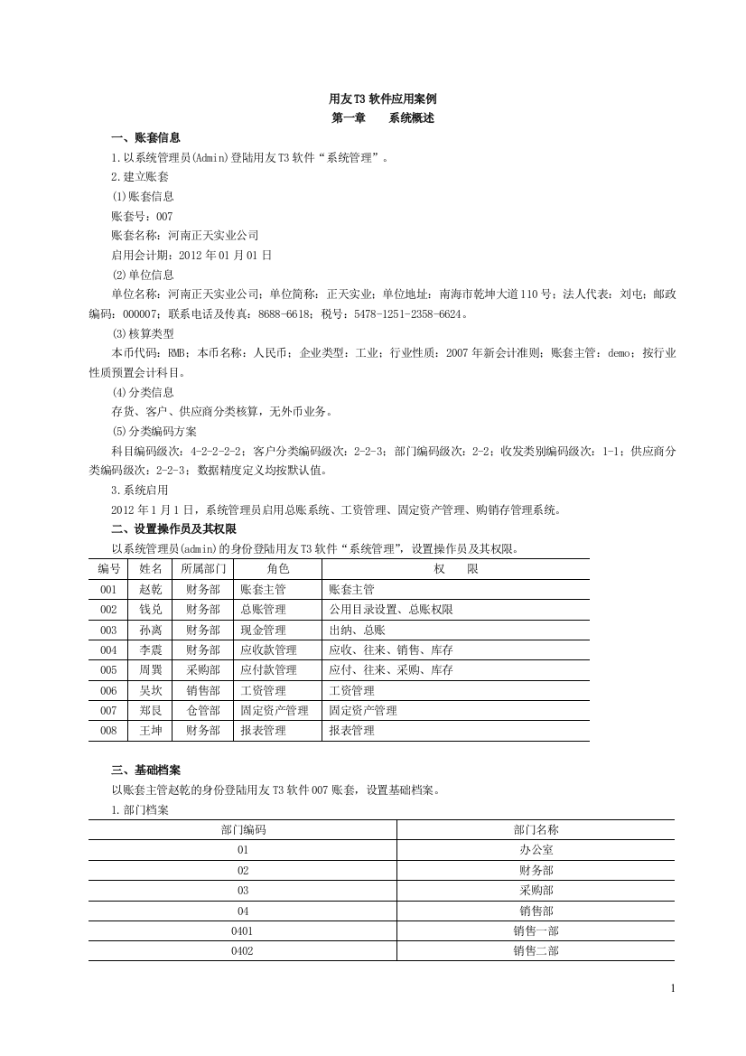 用友畅捷通T3案例(帐套、基础设置、总账、应收应付、工资、固定资产、财务报表)