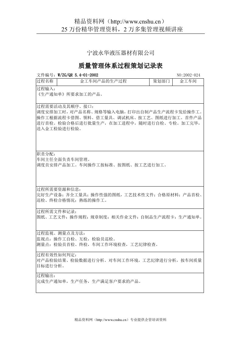 质量管理体系过程策划记录表