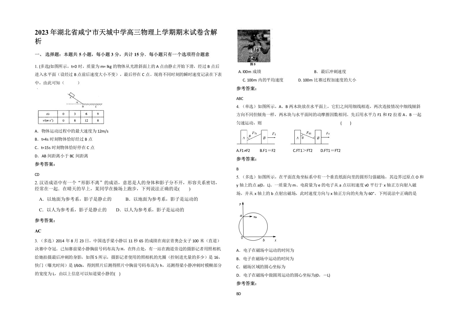 2023年湖北省咸宁市天城中学高三物理上学期期末试卷含解析