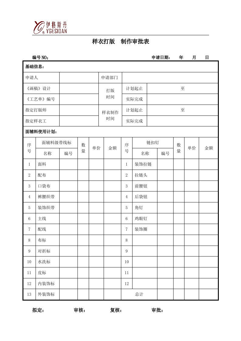 04样衣打版、制作审批表