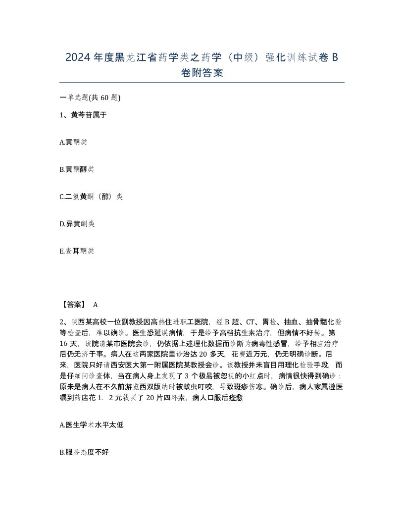 2024年度黑龙江省药学类之药学中级强化训练试卷B卷附答案