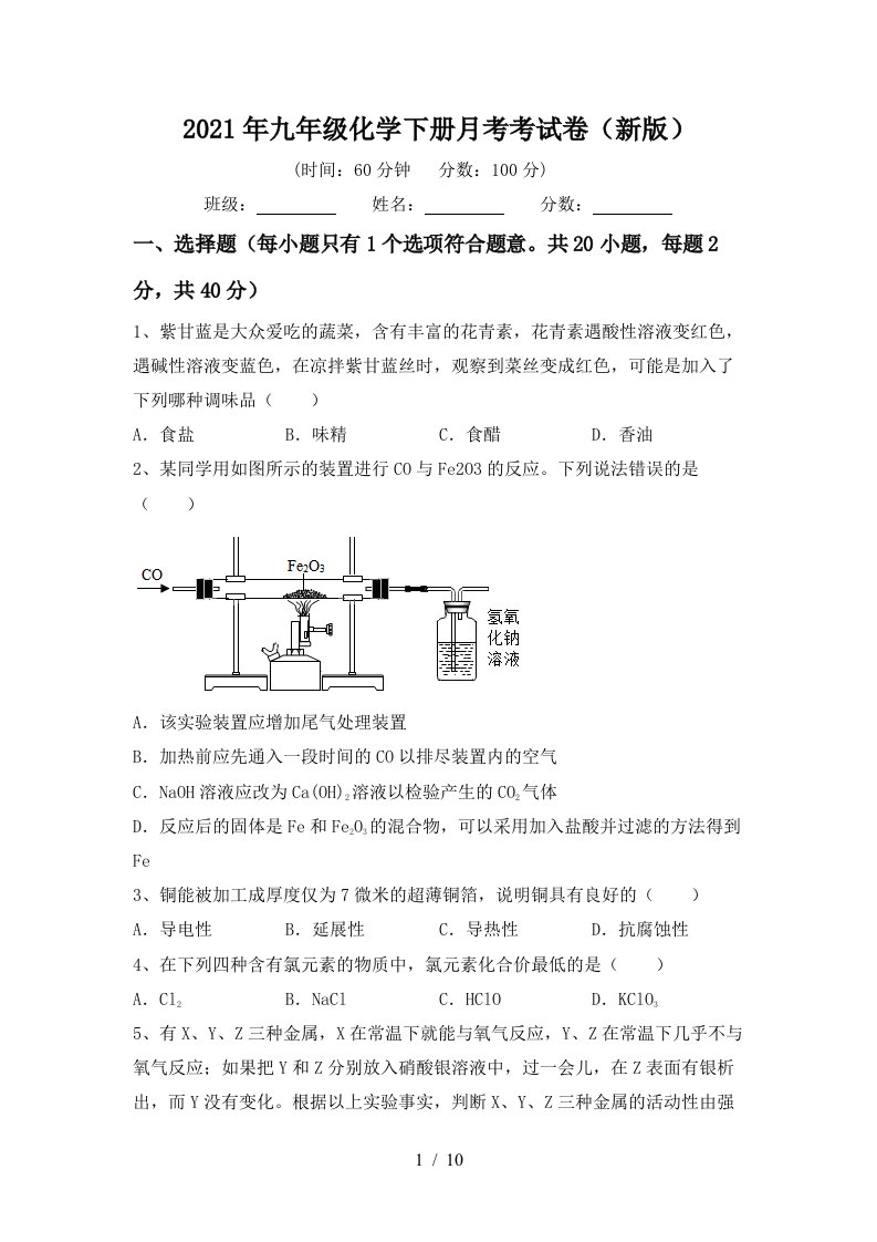 2021年九年级化学下册月考考试卷新版