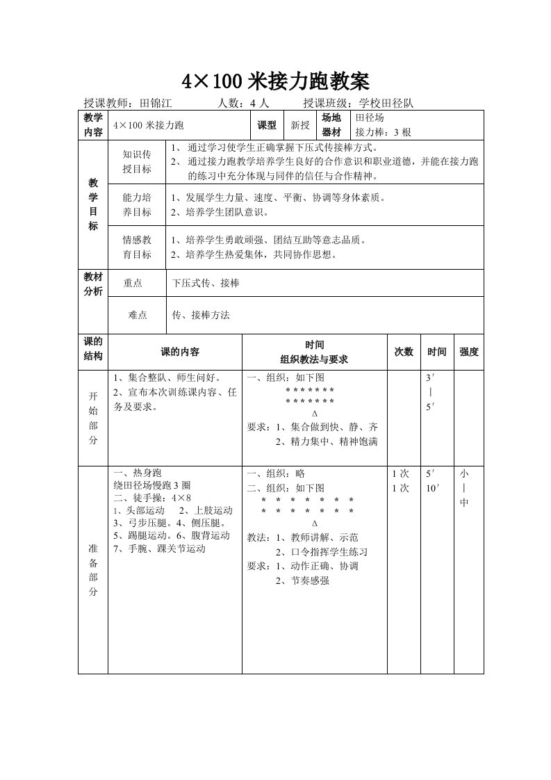 4×100米接力跑教案