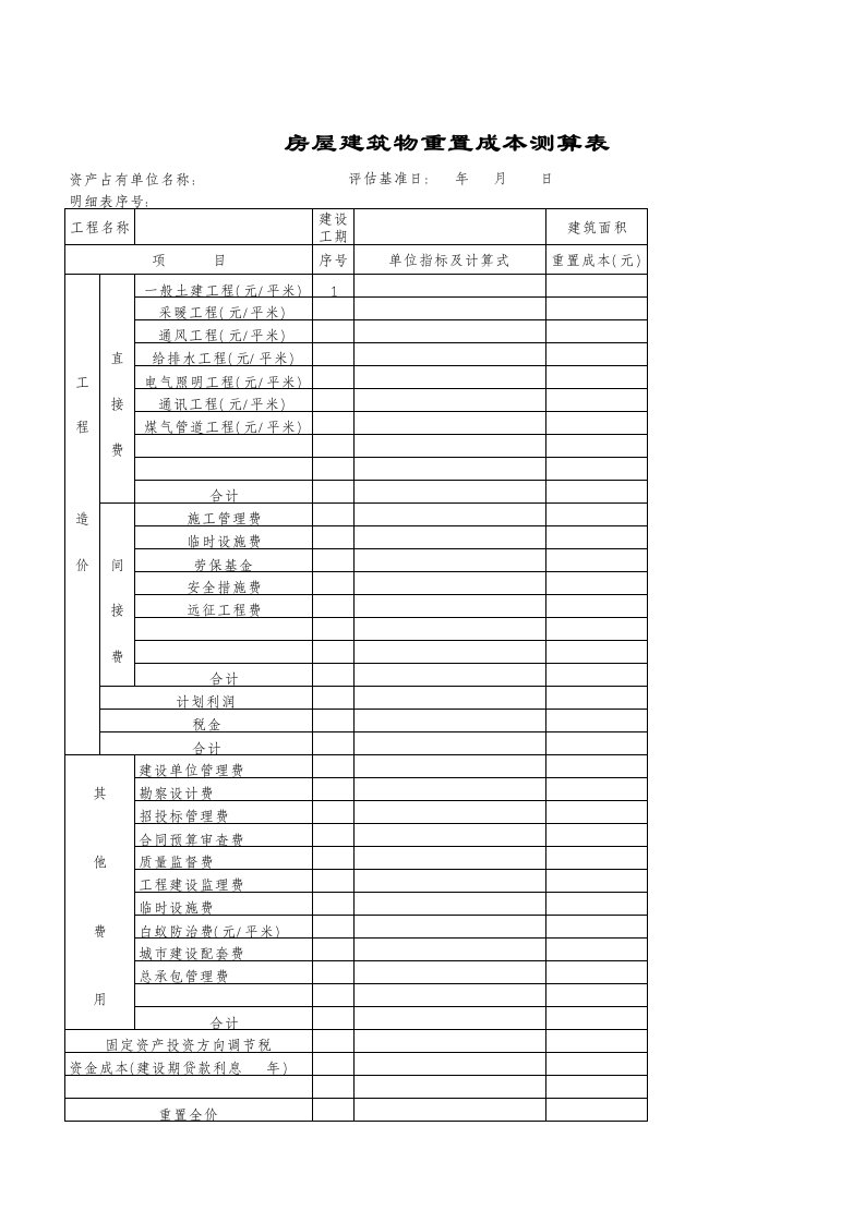 房屋建筑物重置成本测算表