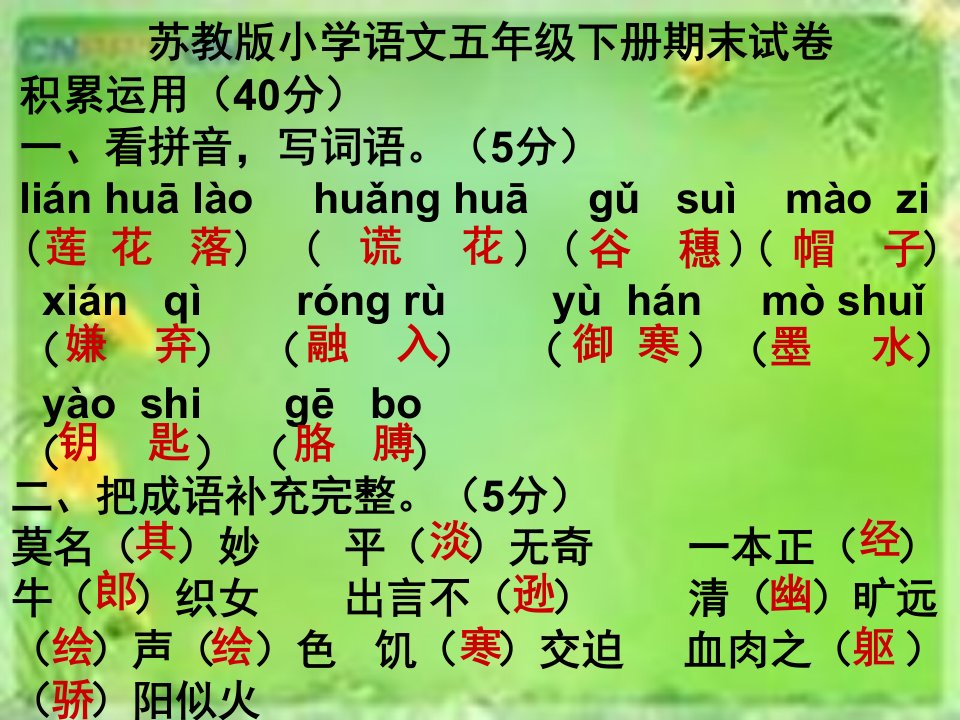 苏教版小学五年级语文下册期末试卷2