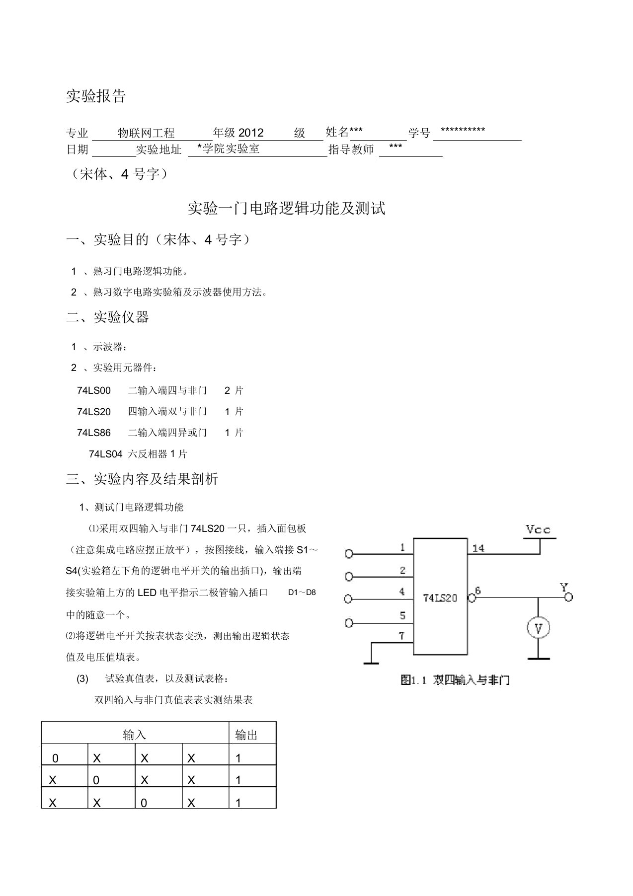 门电路逻辑功能测试实验报告