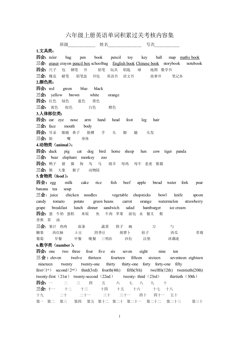 六年级上册知识积累过关总集