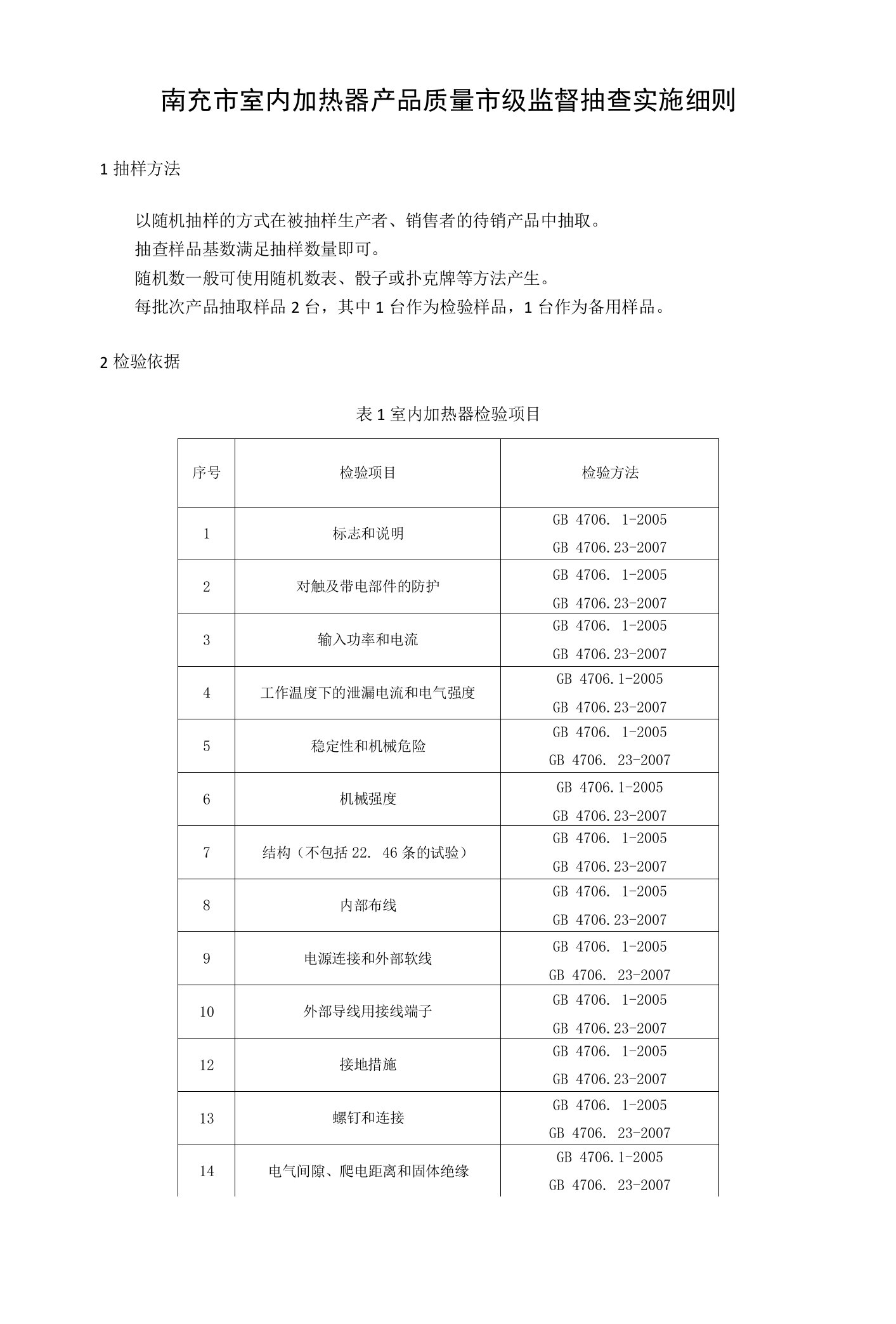 南充市室内加热器产品质量市级监督抽查实施细则