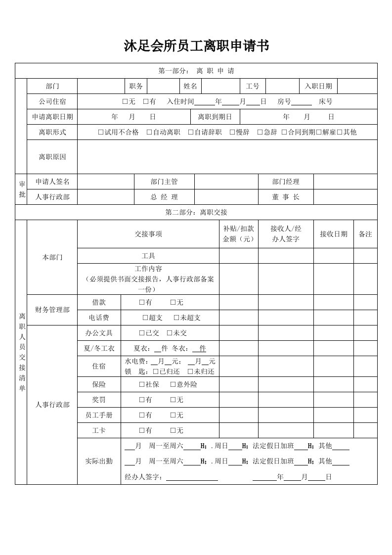 沐足会所员工离职申请书